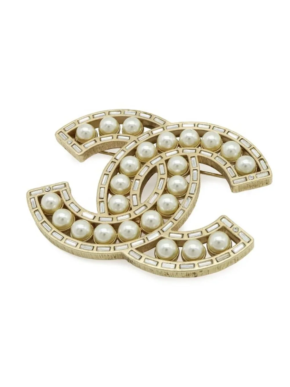 Chanel CC Logo Jumbo CC Brooch Faux Pearl Bijou Rhinestone Gold Plated